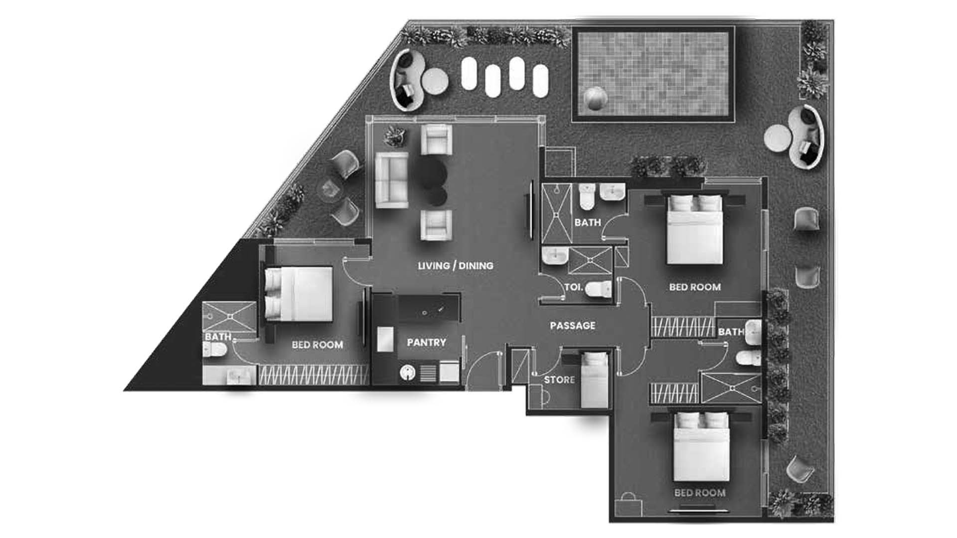 Apartment floor plan, 3 bedrooms in VINCITORE AQUA FLORA No. 11026