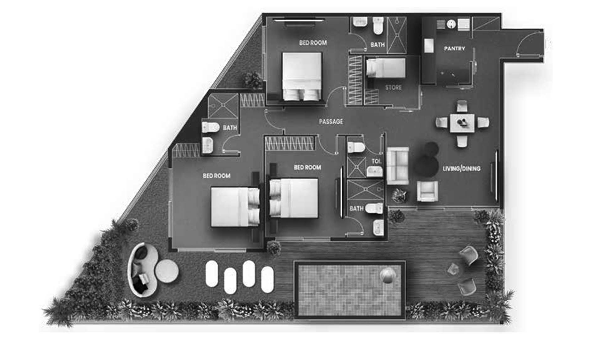 Apartment floor plan, 3 bedrooms in VINCITORE AQUA FLORA No. 11025